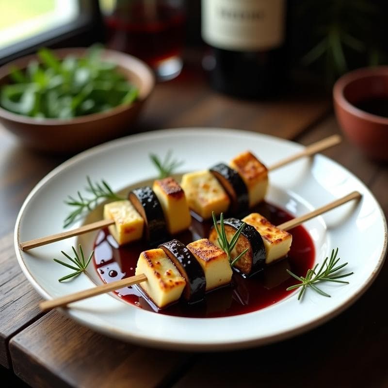 Brochetas de Berenjena Ahumada y Queso de Castaña con Reducción de Vino Tinto: Receta Francesa en Airfryer
