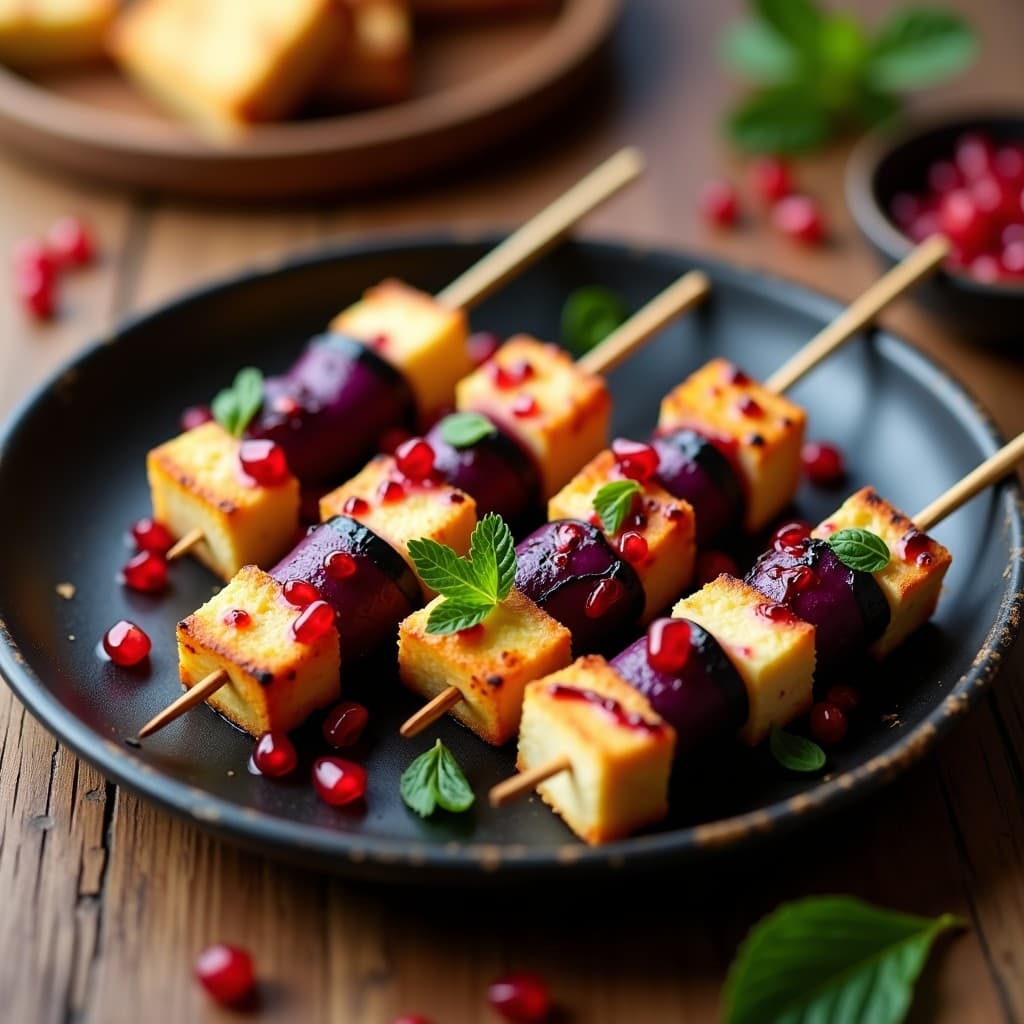 Brochetas de Berenjena Morada y Queso de Almendras con Reducción de Granados: Receta en Airfryer