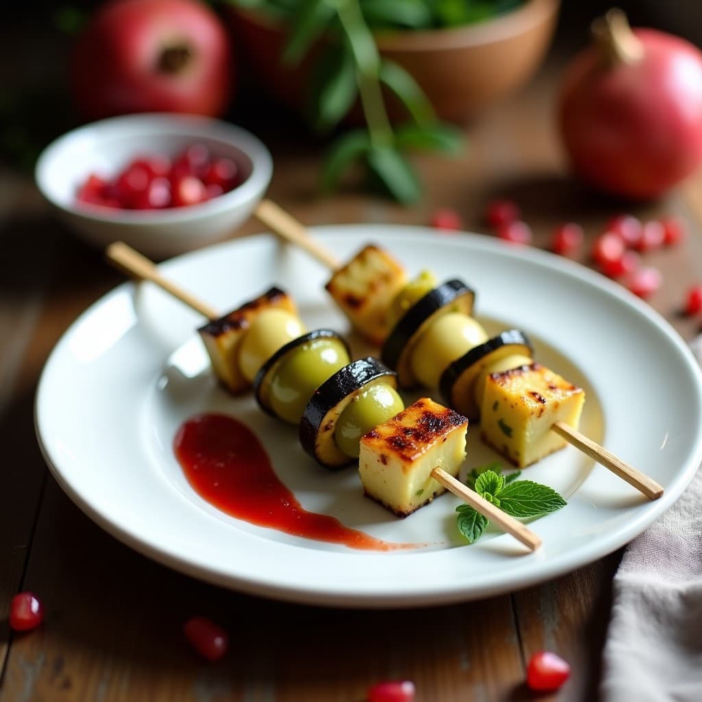 Brochetas de Berenjena Asada y Queso de Pistacho con Salsa de Granada