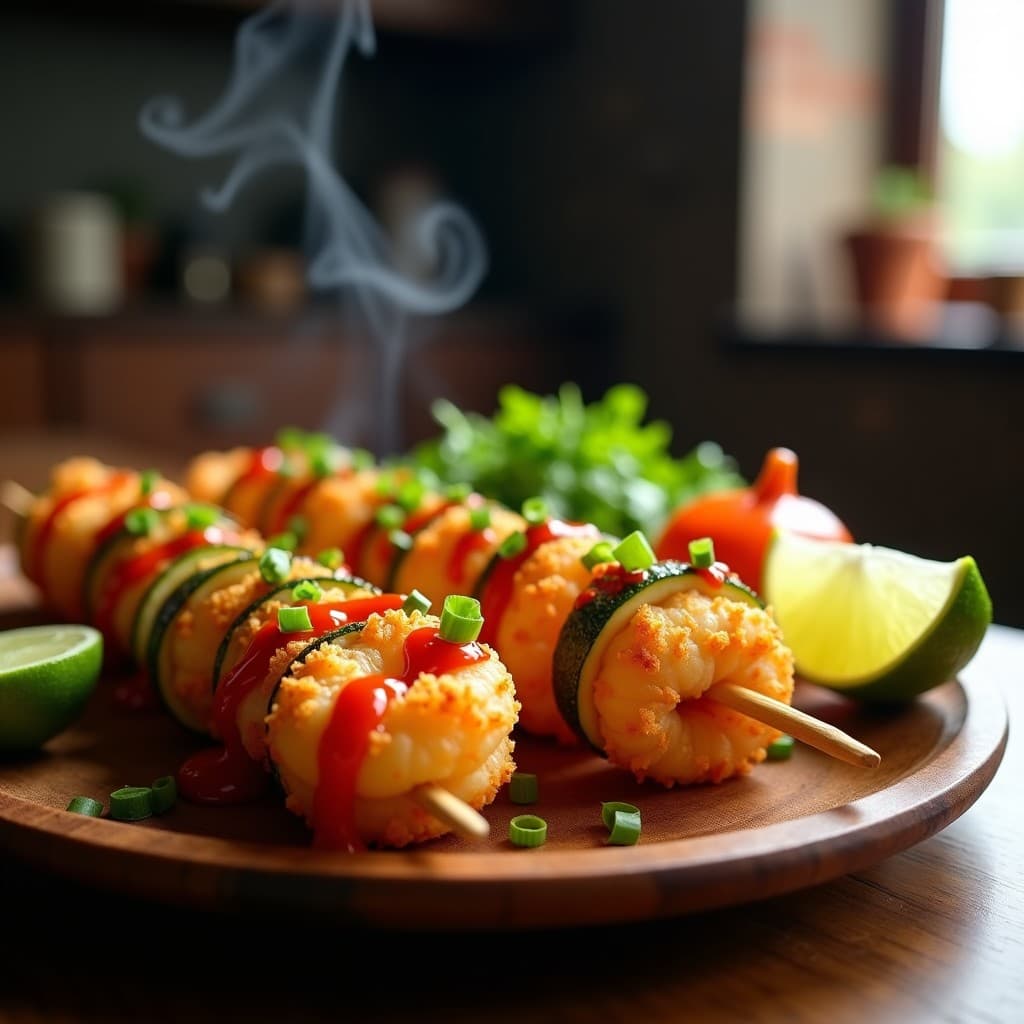 Brochetas de Calabacín y Tempura de Camarones: Receta Tailandesa en Airfryer con Salsa Sriracha