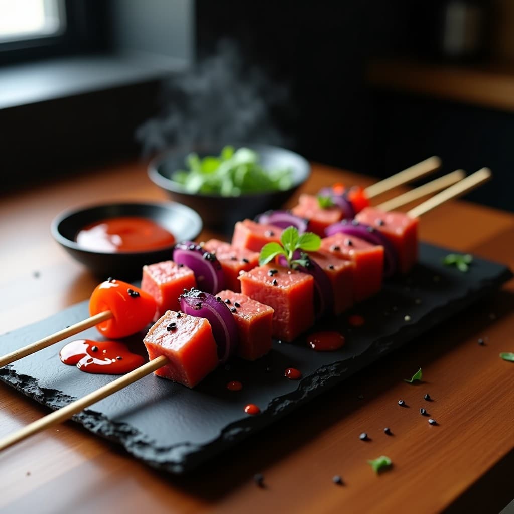 Brochetas de мяso Cultivado en Laboratorio con Salsa de Kimchi: Receta Futurista Coreana en 15 Minutos