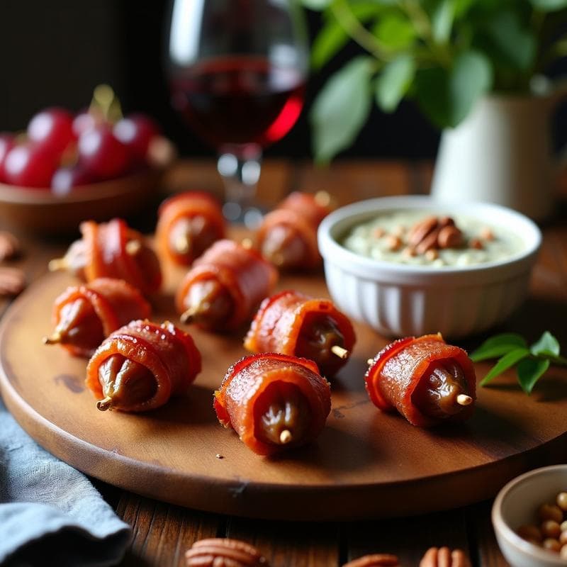 Brochetas de Dátiles y Bacon con Salsa de Queso Azul: Aperitivo Dulce-Salado para Fiestas