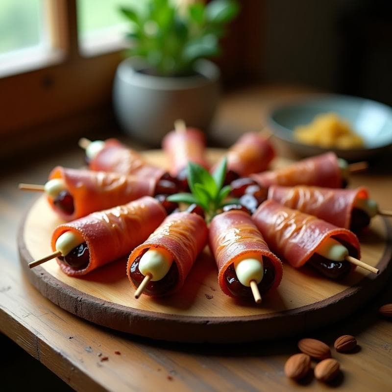 Brochetas de Dátiles Rellenos de Queso de Anacardos y enrollados en Jamón Serrano Vegano: Entrante Gourmet Sin Lactosa