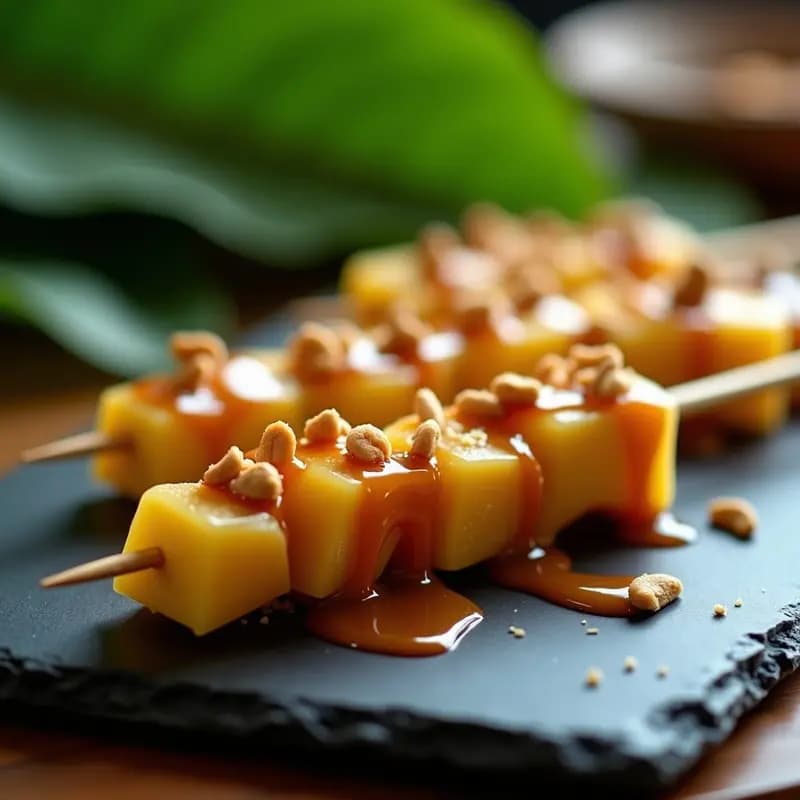 Brochetas de Durian y Caramelo Salado: Postre Tailandés Vegano con Toque Gourmet