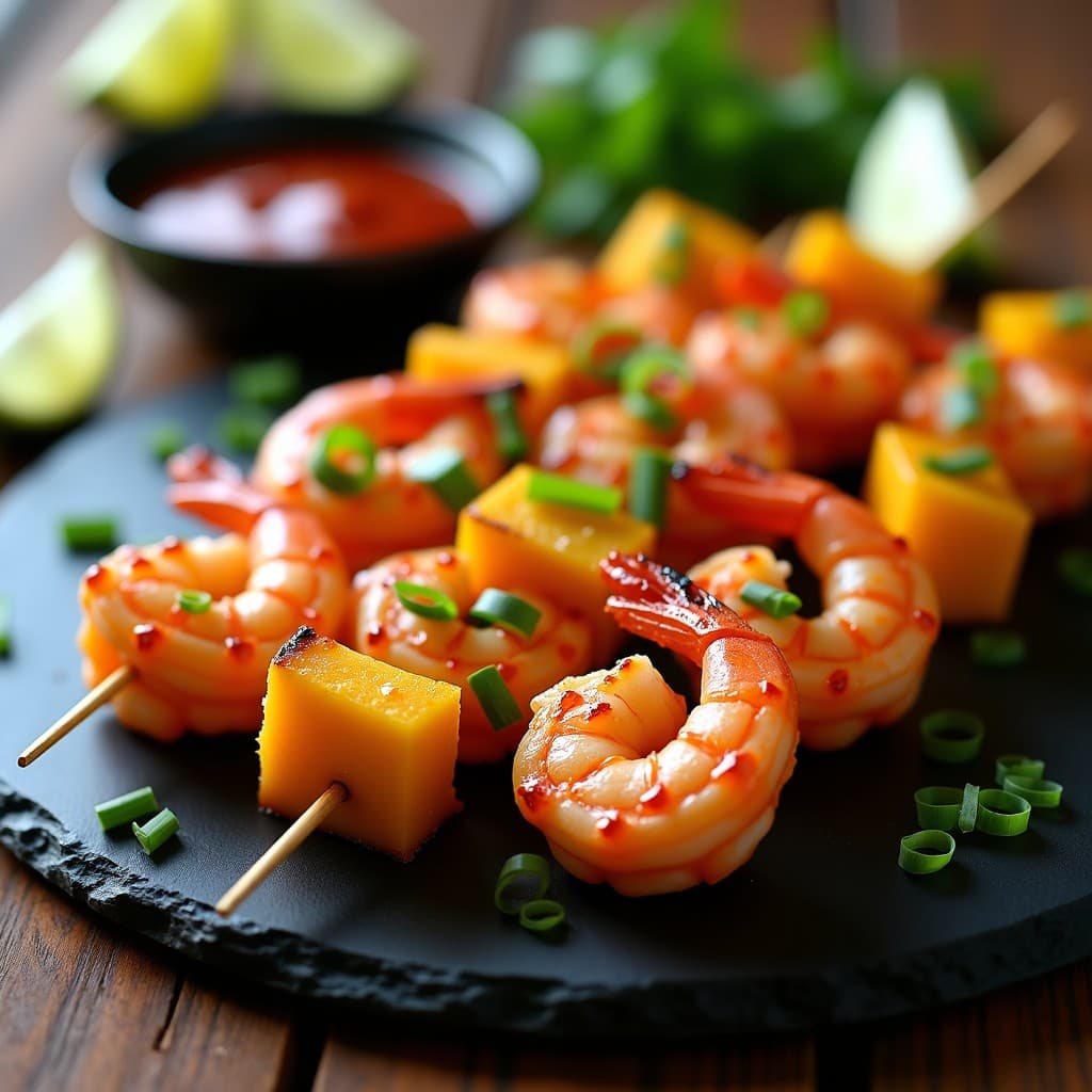 Brochetas de Gambas y Mango con Glaseado de Chili: Receta Fusion Asia-Mexicana en 15 Minutos