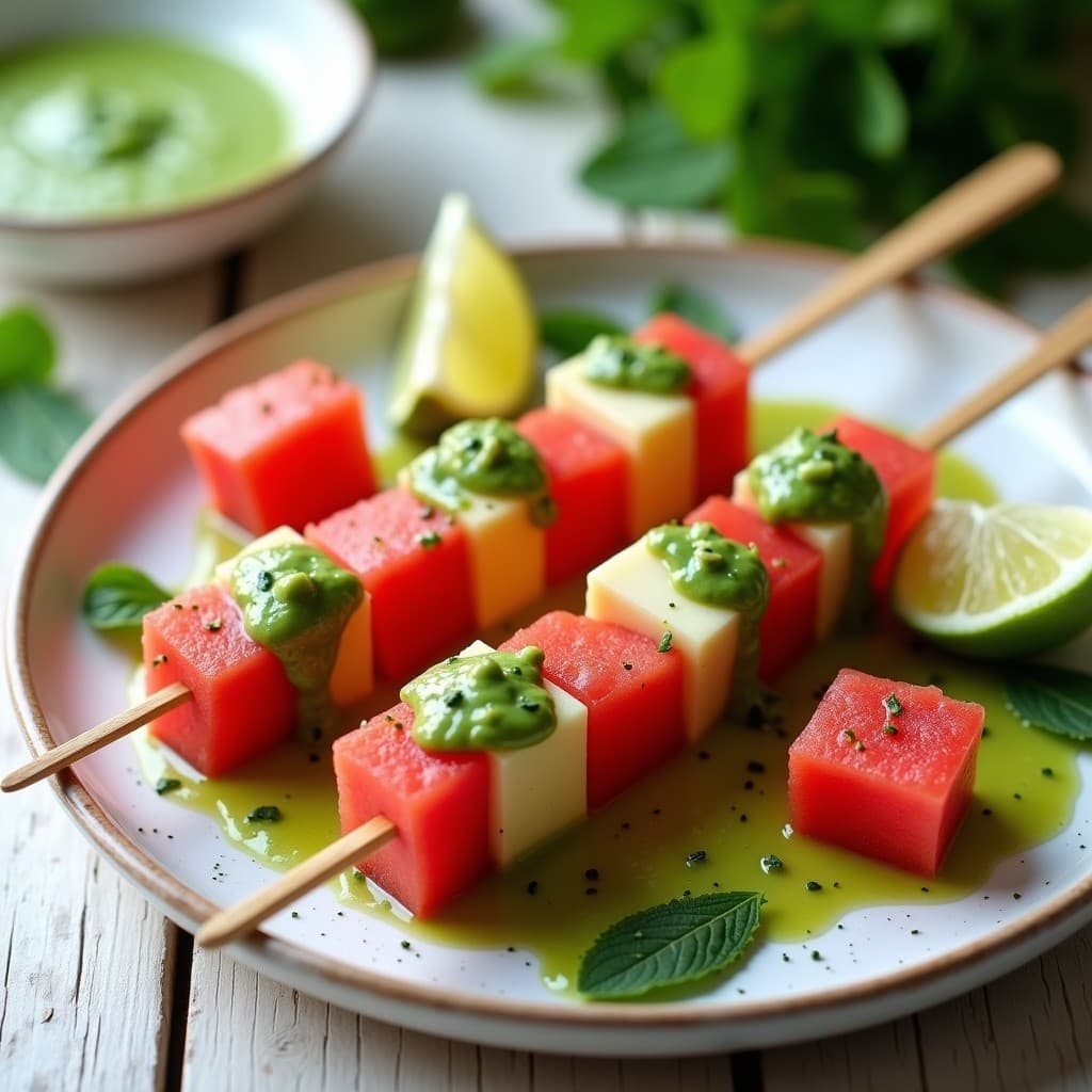 Brochetas de Halloumi y Sandía con Salsa de Hierbabuena y Lima: Aperitivo Griega Vegano en 10 Minutos