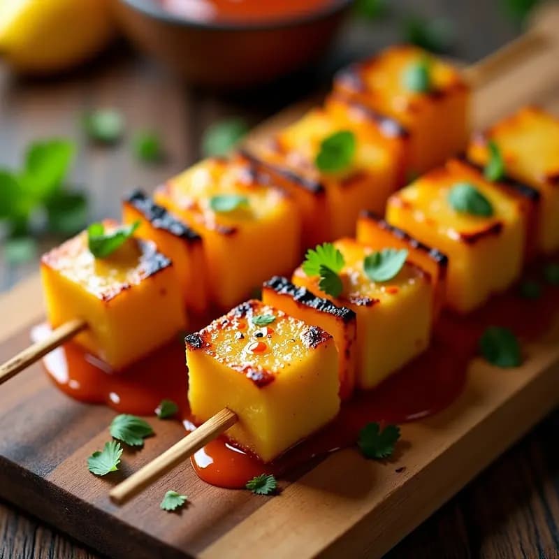 Brochetas de Piña y Tofu con Glaseado de Sriracha: Aperitivo Fusion Dulce-Picante en Grill
