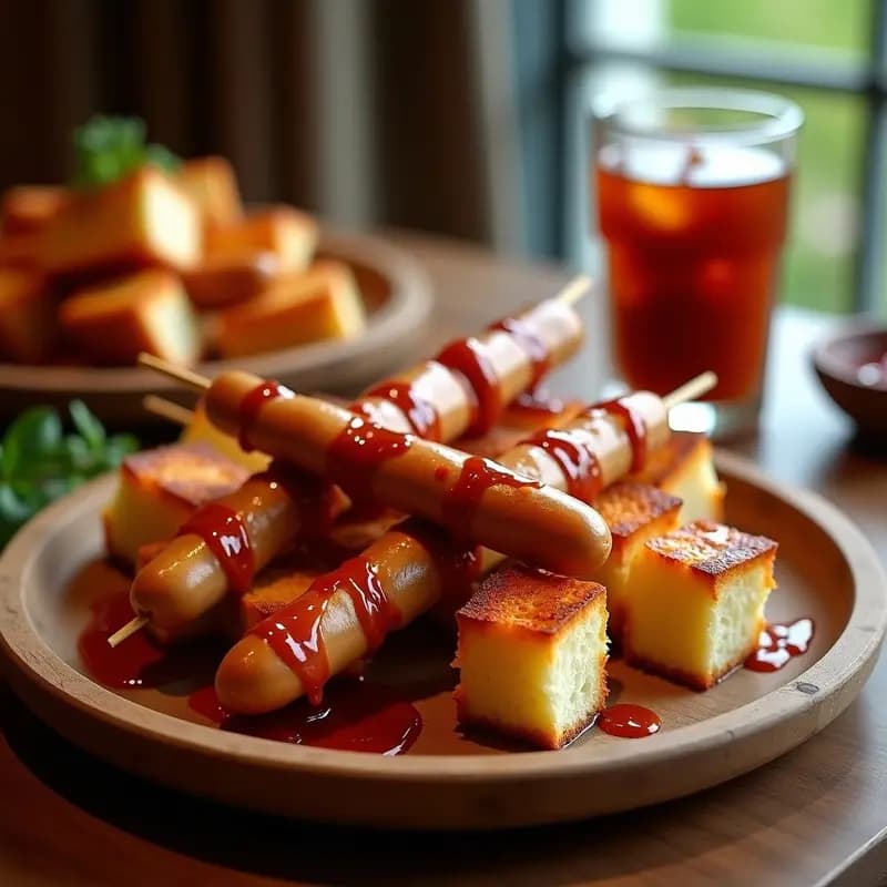 Brochetas de Salchicha, Queso y Pan Tostado con Salsa Barbacoa: Pinchos para Fiestas