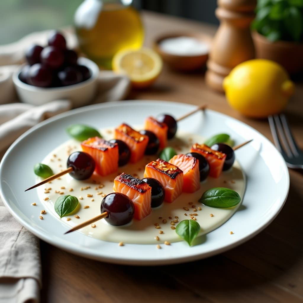 Brochetas de Salmón Ahumado y Uvas con Salsa de Yogur de Soja: Receta Italiana en Airfryer