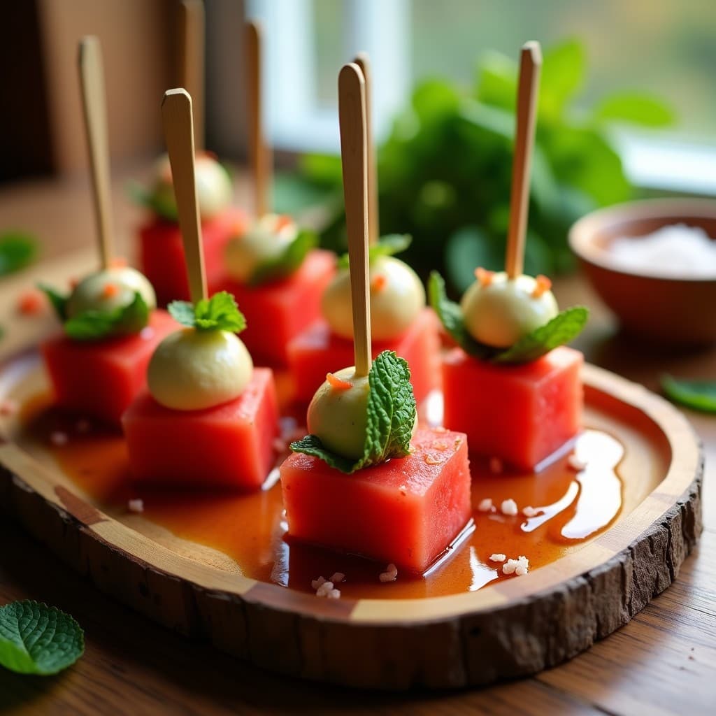Brochetas de Sandía y Queso de Anacardo con Glaseado de Miel de Abeto: Aperitivo Dulce-Salado Vegano