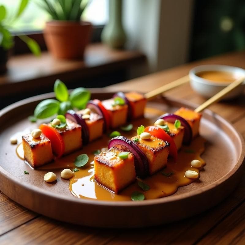 Brochetas de Tempeh Marinado con Satay de Cacahuete: Receta Indonesa en Airfryer para Veganos