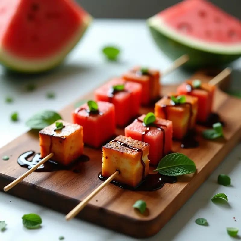 Brochetas de Tofu Ahumado y Sandía con Reducción de Vinagre Balsámico: Aperitivo Fusion Vegano