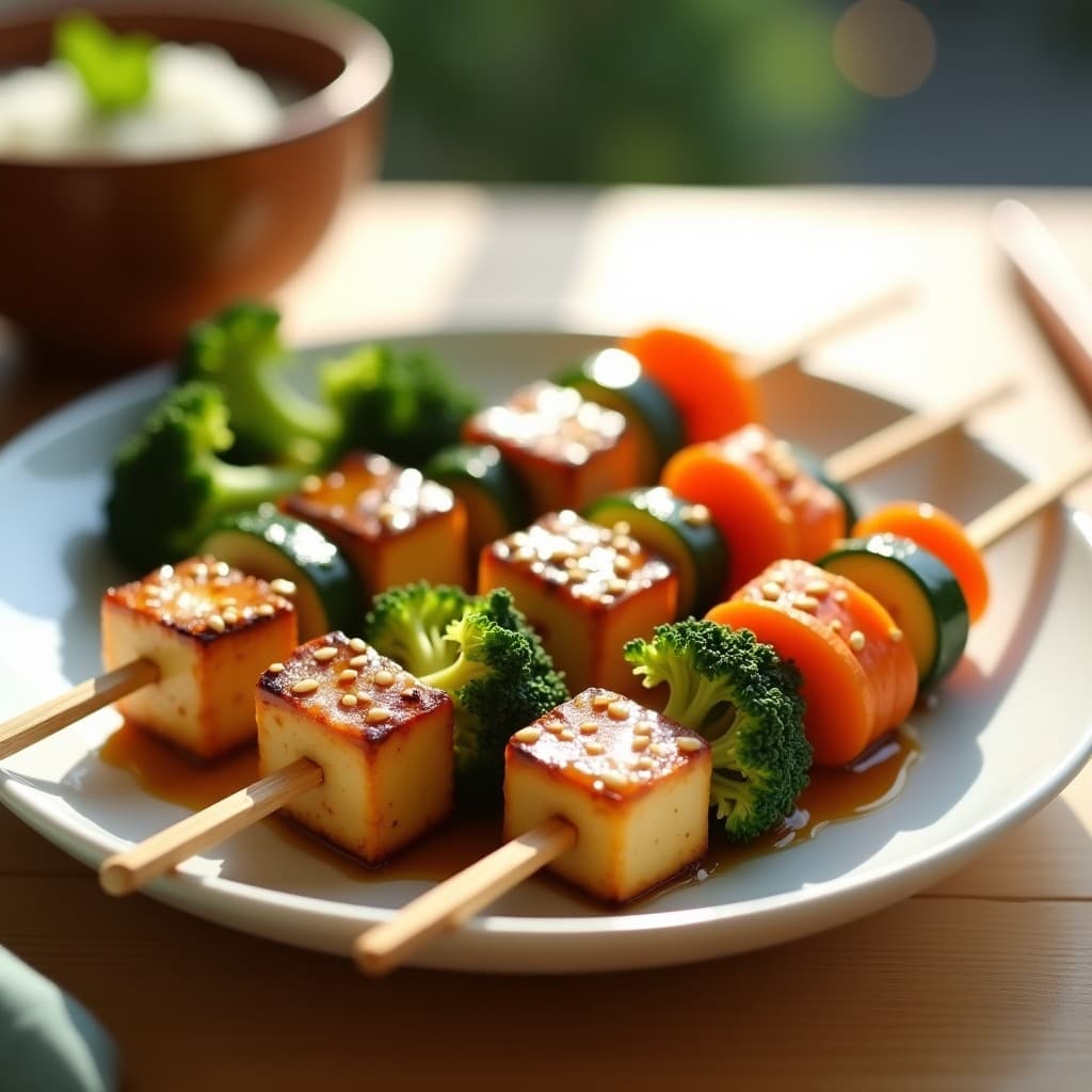 Brochetas de Tofu Marinado en Miso y Sésamo con Vegetales al Vapor: Receta Japonesa en 20 Minutos