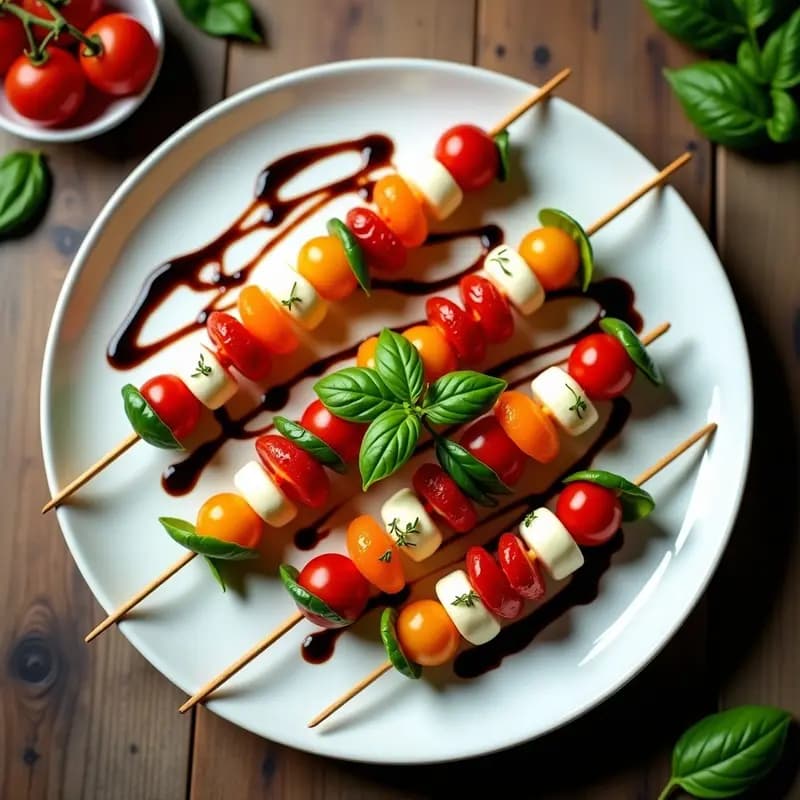 Brochetas de Tomates Cherry y Mozzarella Vegana con Albahaca y Reducción de Vinagre Balsámico: Caprese Vegano