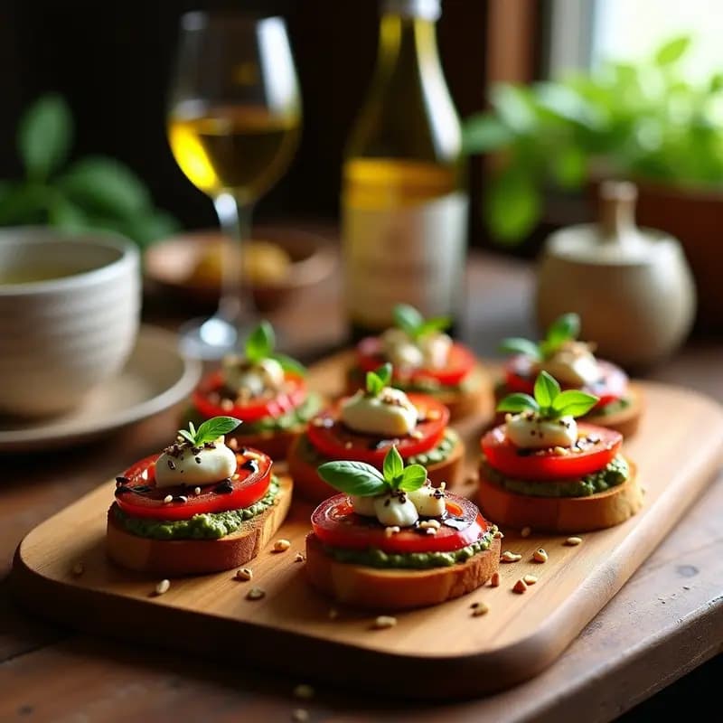Bruschetta de Tomate y Buratta con Pesto de Albahaca: Entrante Italiano Gourmet
