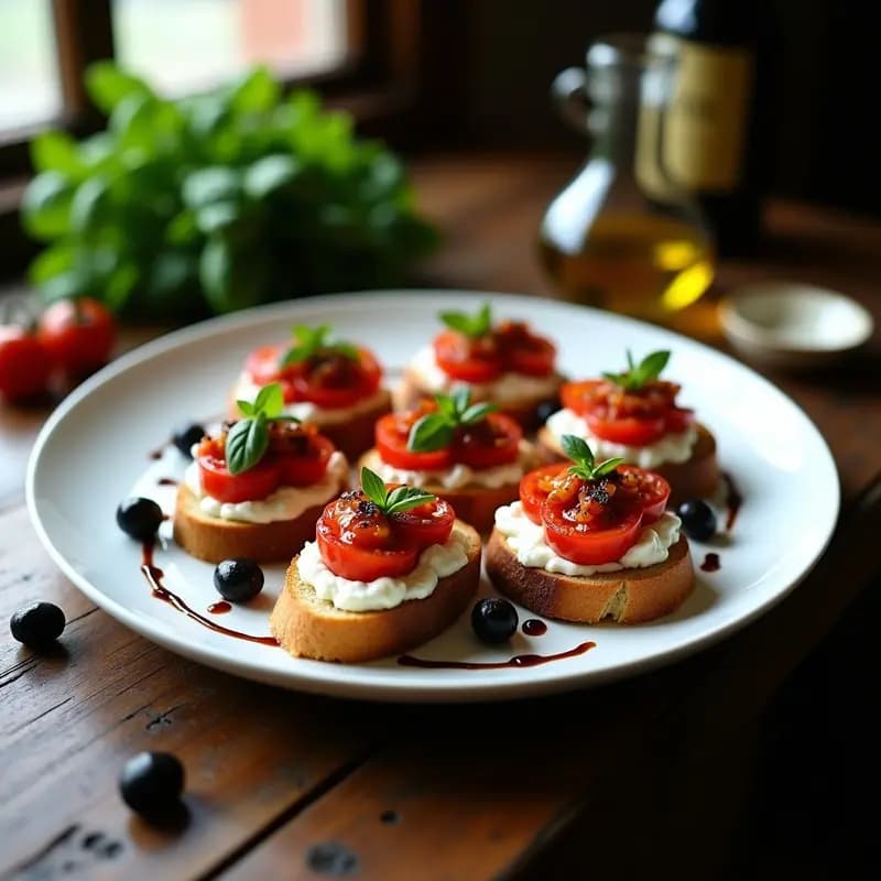Bruschettas de Pan de Aceituna con Tomate Confit y Burrata: Entrante Italiano de Autor
