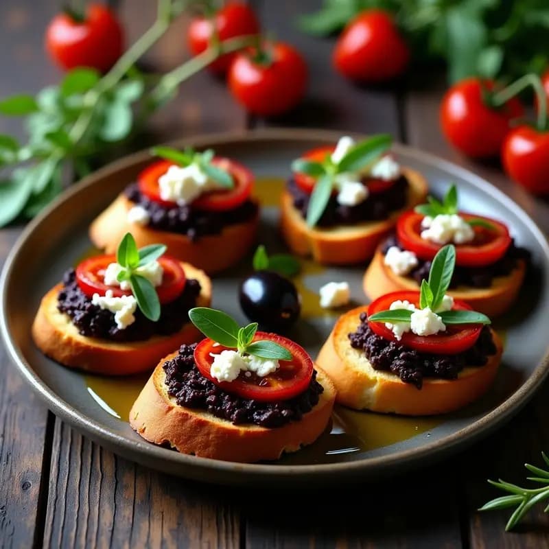 Bruschettas de Pan de Centeno con Aceitunas Kalamata y Queso Feta: Entrante Italiano Sin Horno