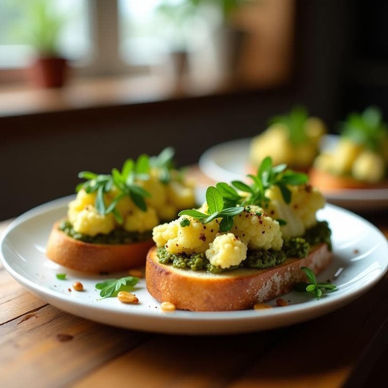 Bruschettas de Pan de Coliflor con Pesto de Rúcula y Piñones: Aperitivo Keto en 15 Minutos