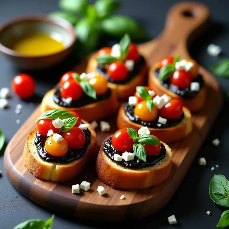 Bruschettas de Pan de Ajo Negro con Tomate Confitado y Albahaca Fresca