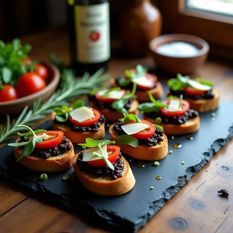 Bruschettas de Tomate Seco y Aceitunas Negras: Aperitivo Italiano sin Horno