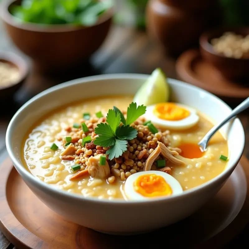 Bubur Ayam: Sopa de Arroz Indonecia con Pollo y Hierbas Aromáticas