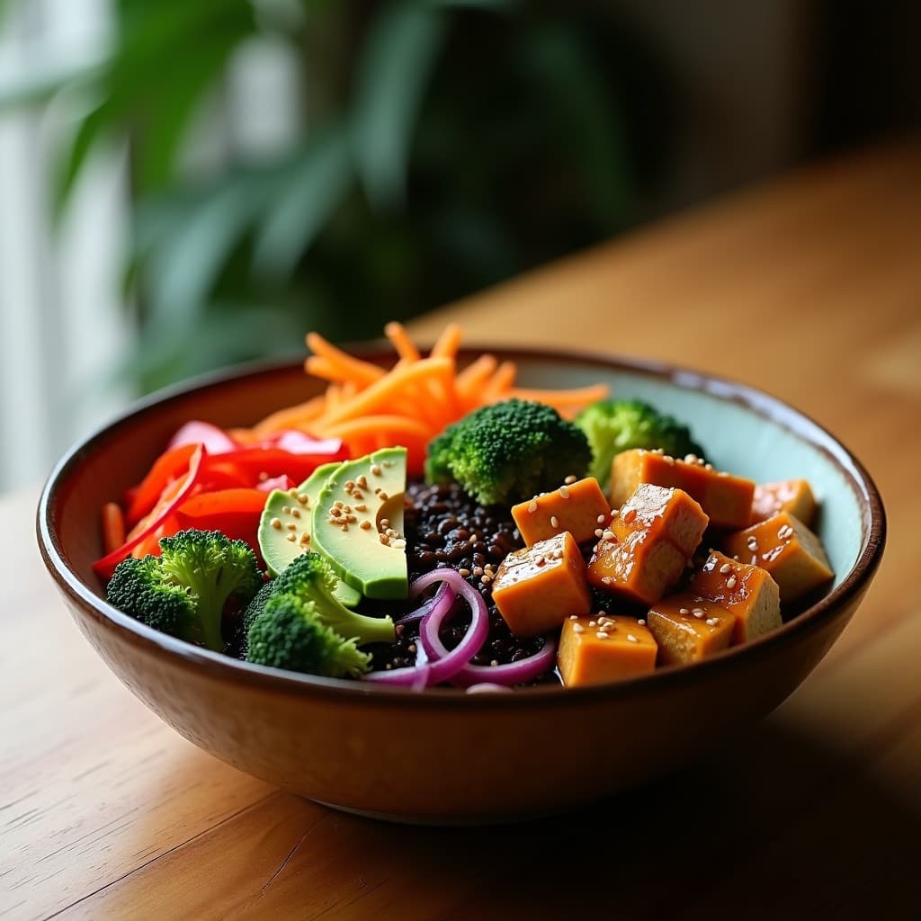 Buddha Bowl de Arroz Salvaje y Tofu Marinado en Salsa Teriyaki: Receta Vegana con Umami