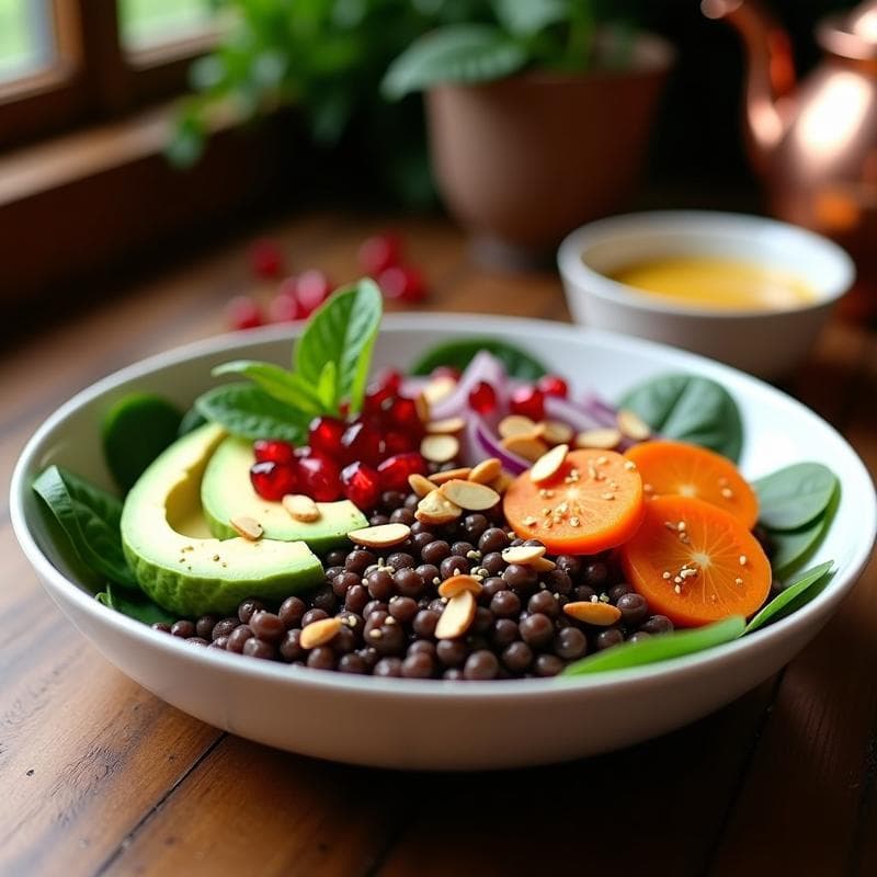 Buddha Bowl de Lentejas Beluga con Aguacate y Granado: Receta Persa Vegana