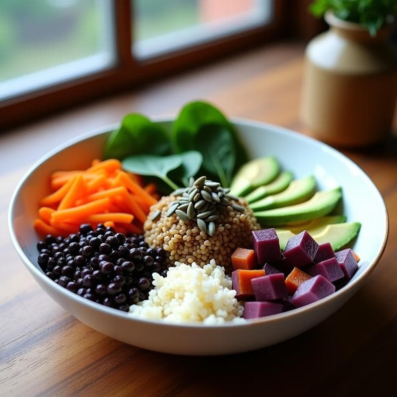 Buddha Bowl de Lentejas Beluga y Batata Morada: Receta Vegana con Alioli de Ajo Negro
