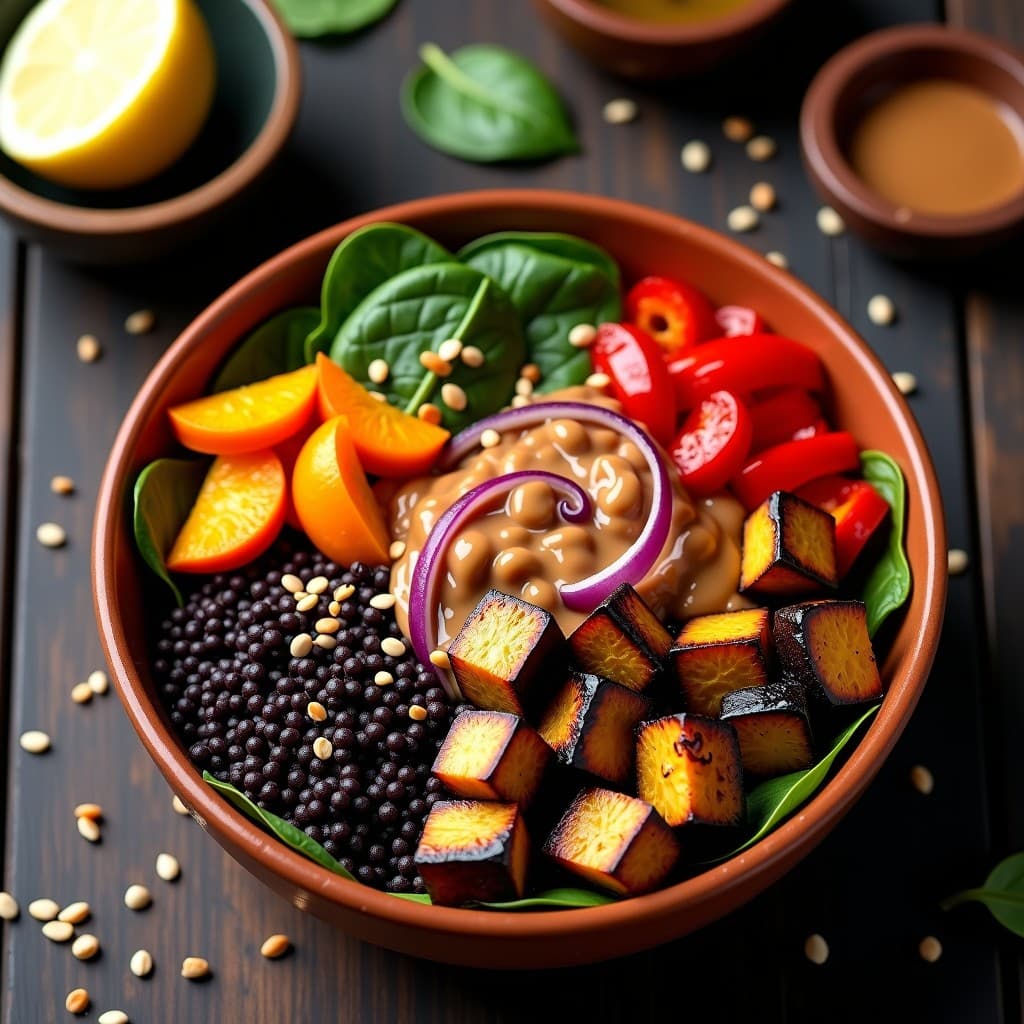 Buddha Bowl de Mijo Negro y Berenjena Asada: Receta África Occidental con Aderezo de Cacahuete