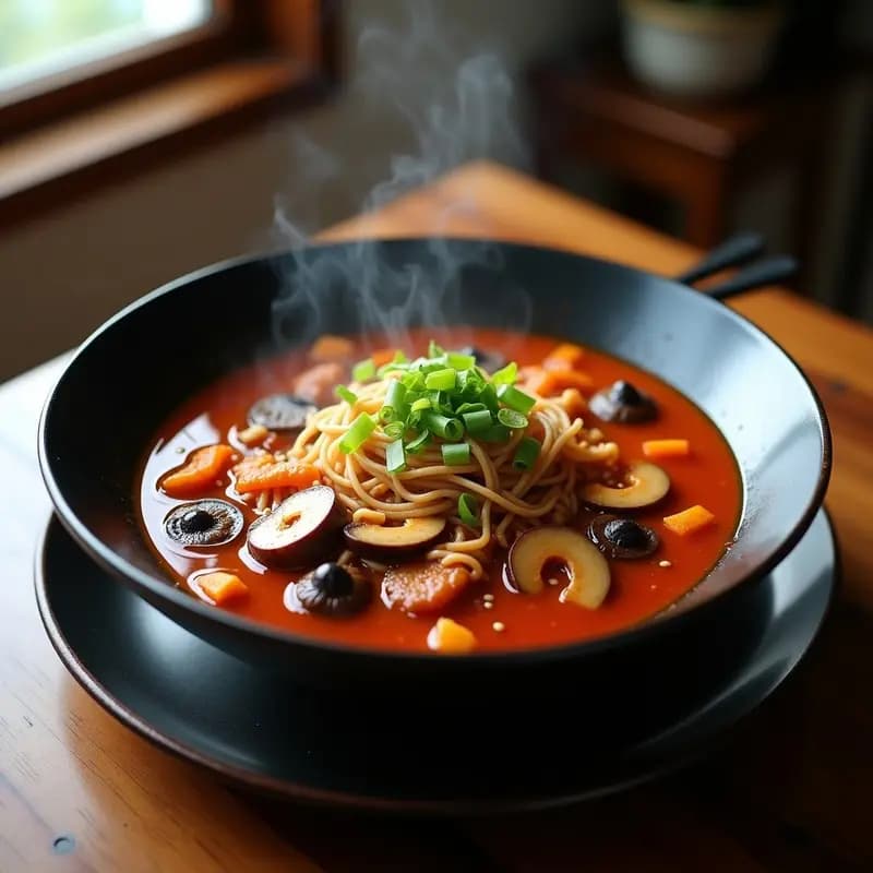 Bookki Jjigae Coreano: Estofado de Fideos de Trigo Sarraceno y Champiñones en Salsa Picante