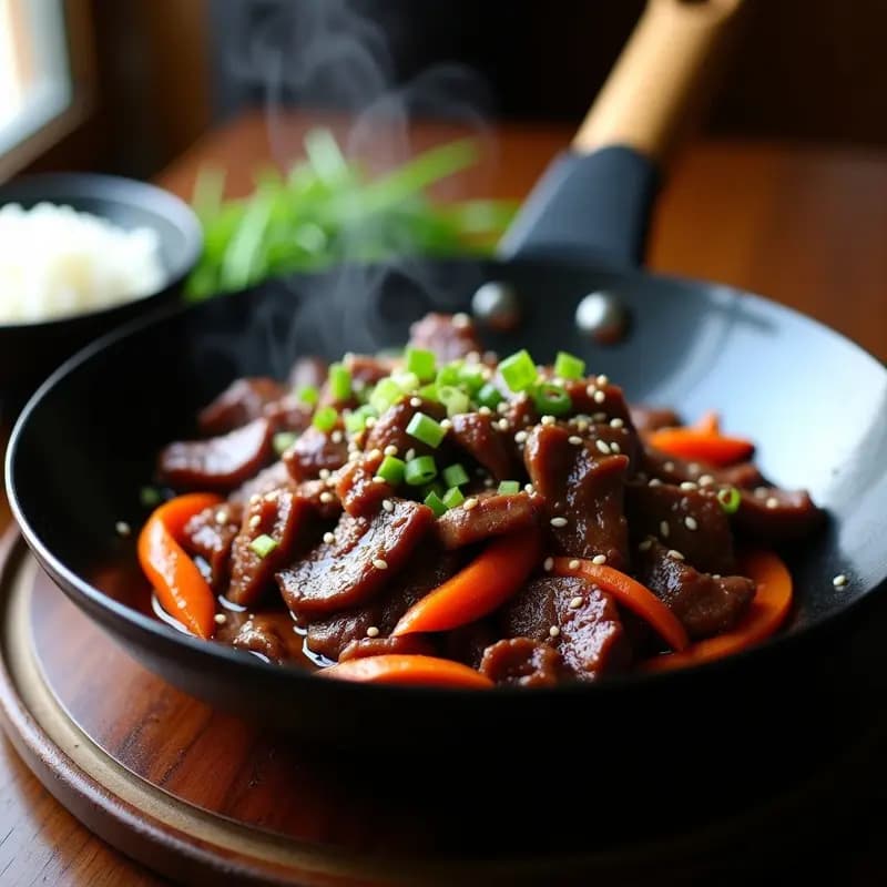 Bulgogi Coreano de Ternera: Carne Marinada al Estilo Asiático en Wok