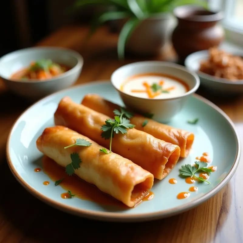 Bun Cha Gio Vegano: Rollitos de Primavera Fritos con Salsa Hoisin y Leche de Coco