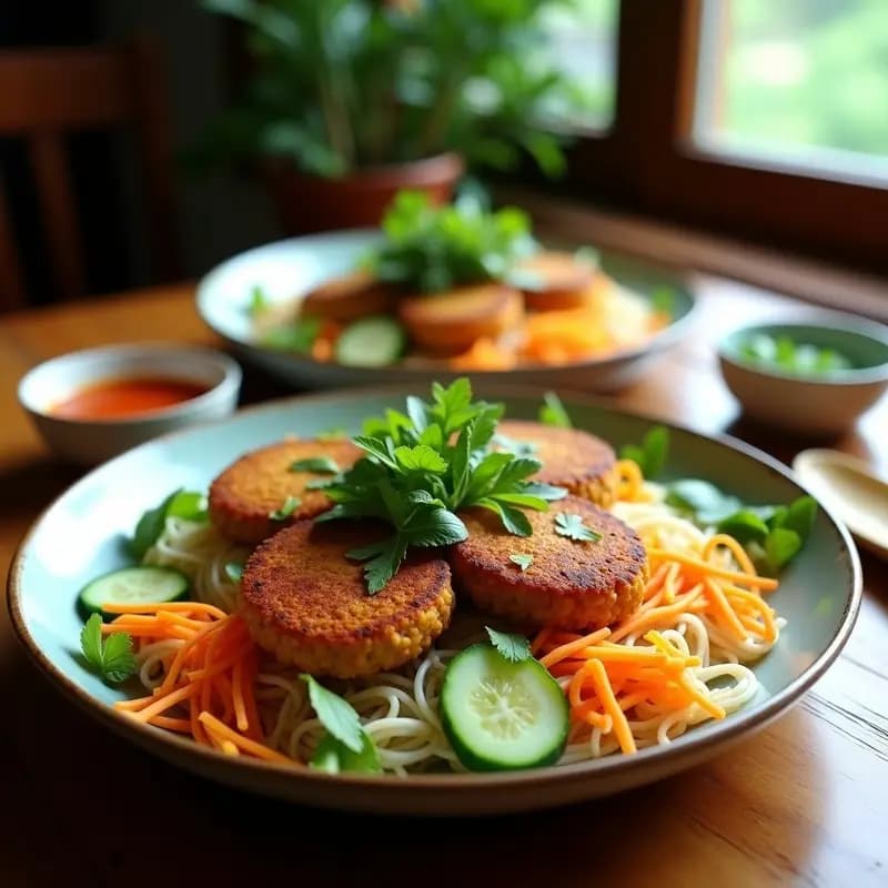 Bun Cha Vegano con Hamburguesas de Lentejas Rojas y Hierbas Frescas: Receta de Hanoi Sin Carne
