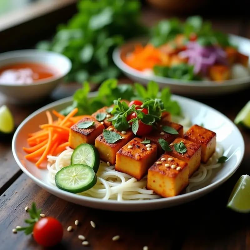 Bun Cha Vegano: Brochetas Vietnamitas de Tofu con Salsa de Tamarindo