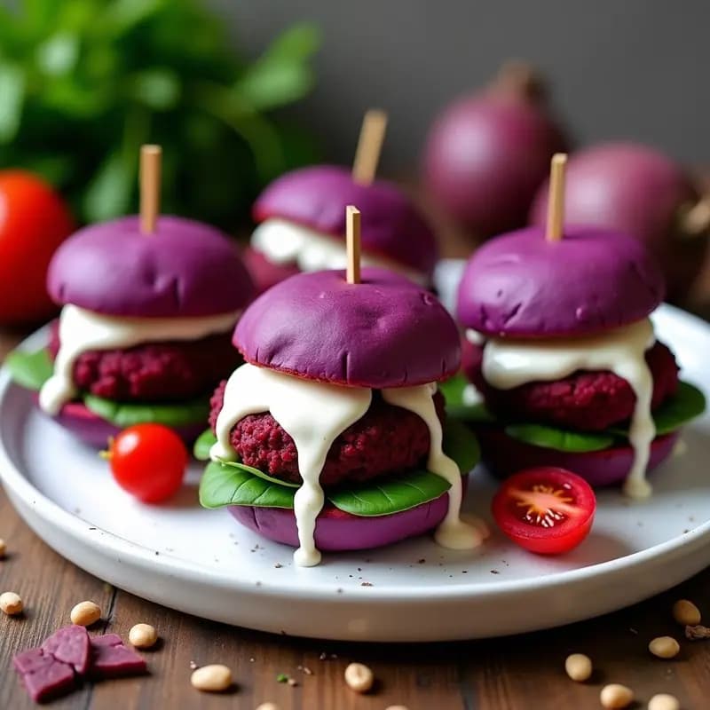 Burgers Mini de Lentejas y Remolacha con Pan de Batata Morada: Sliders Veganos Llenos de Color