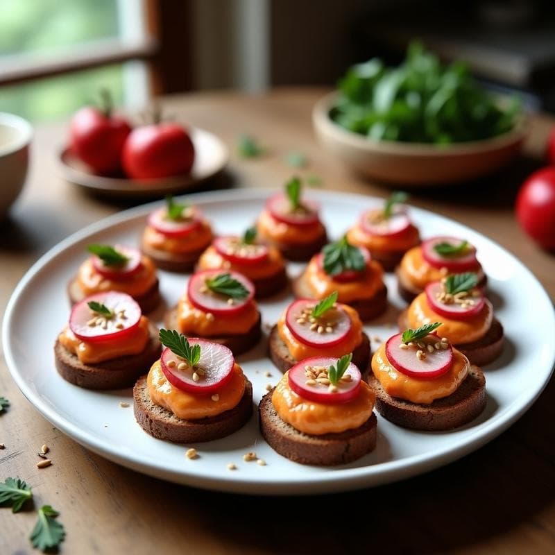 Canapés de Pan de Centeno con Paté de Lentejas Corail y Rábanos Picantes