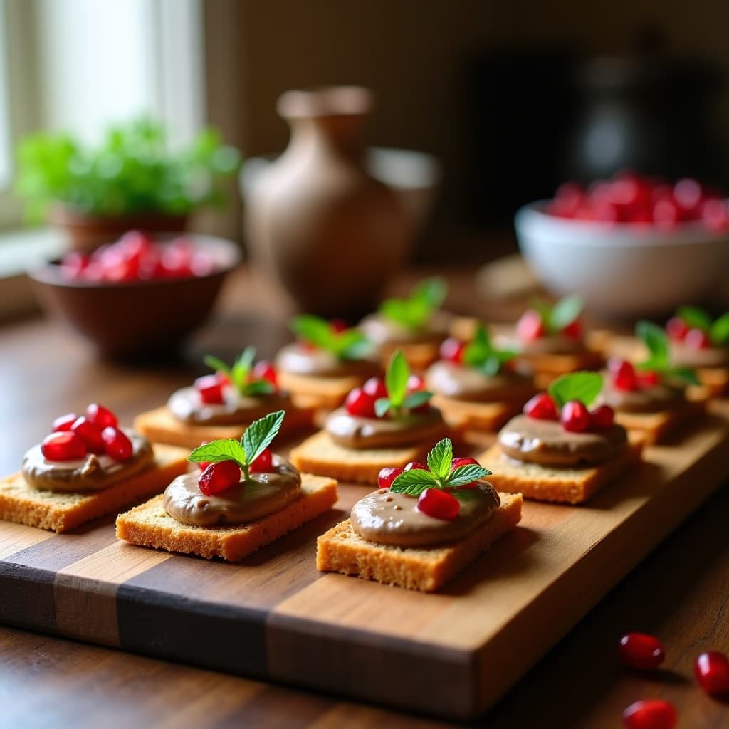 Canapés de Pan de Lino con Paté de Berenjena y Granada: Receta Libanesia Sin Gluten