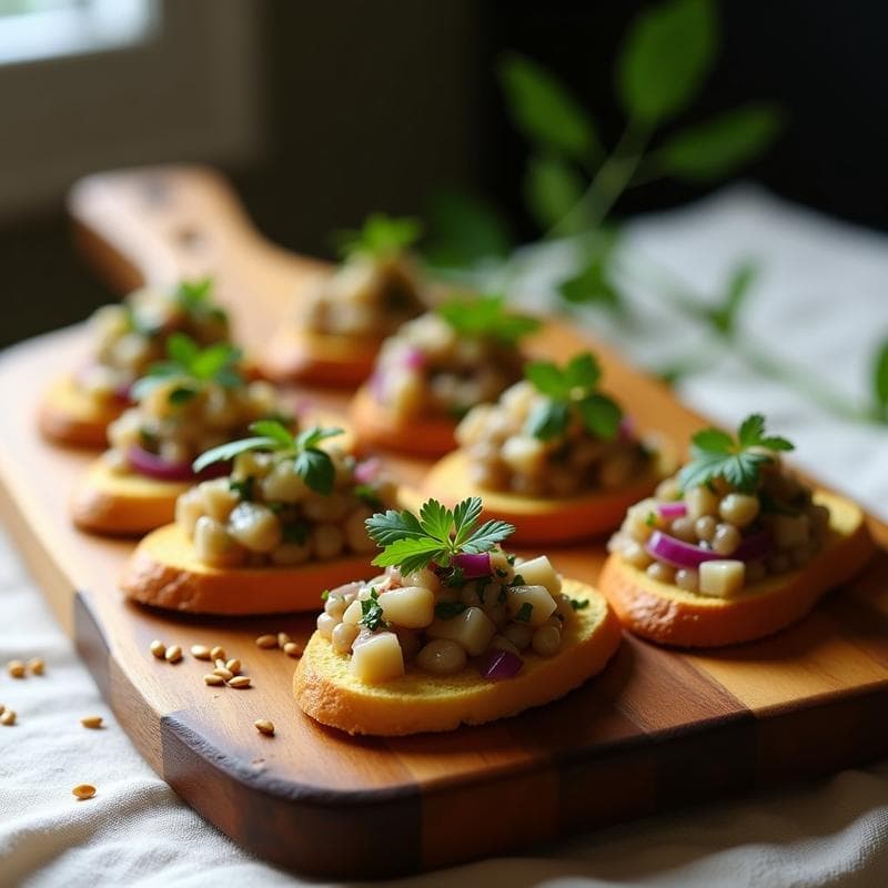 Canapés de Pan de Maíz con Ceviche de Champiñones Portobello: Aperitivo Vegano y Sin Gluten