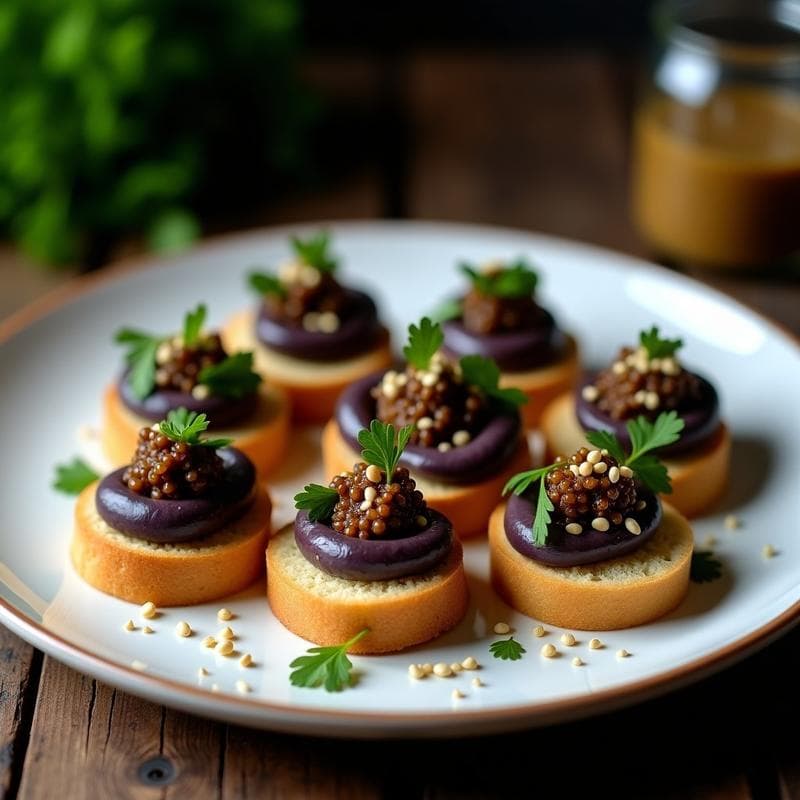 Canapés de Pan de Mijo con Puré de Garbanzos Negros y Caviar de Berenjena: Receta Étnica Sin Gluten