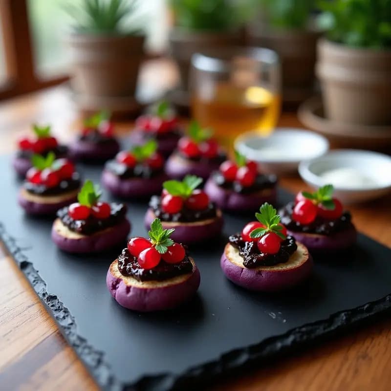 Canapés de Pan de Patata Morada con Paté de Aceitunas Negras y Granada: Entrante Persa y Elegante