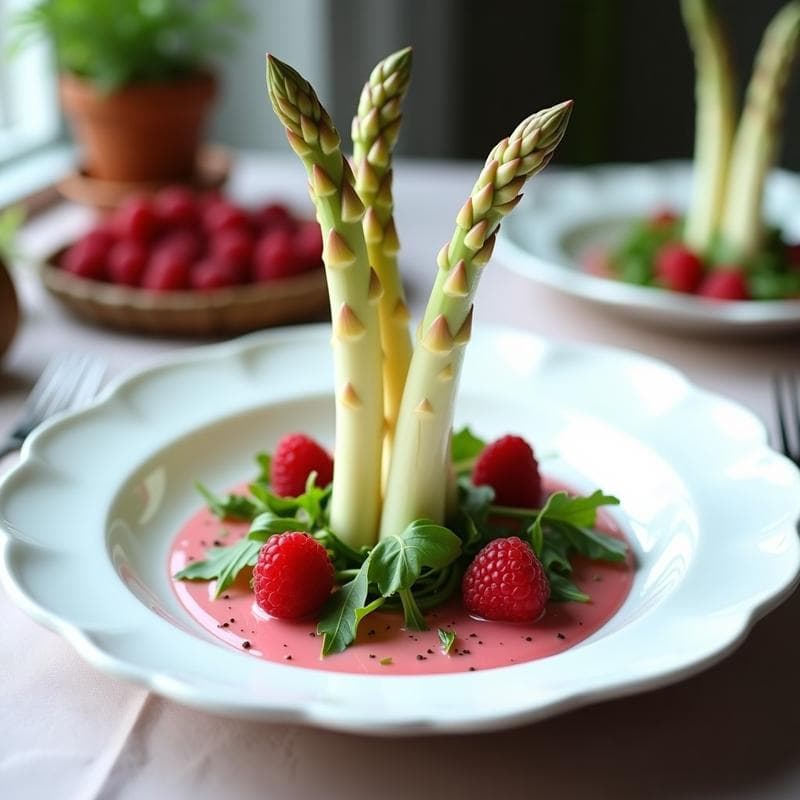 Canas de Espárragos Blancos con Vinagreta de Frambuesa y Rúcula: Entrante Gourmet Francés