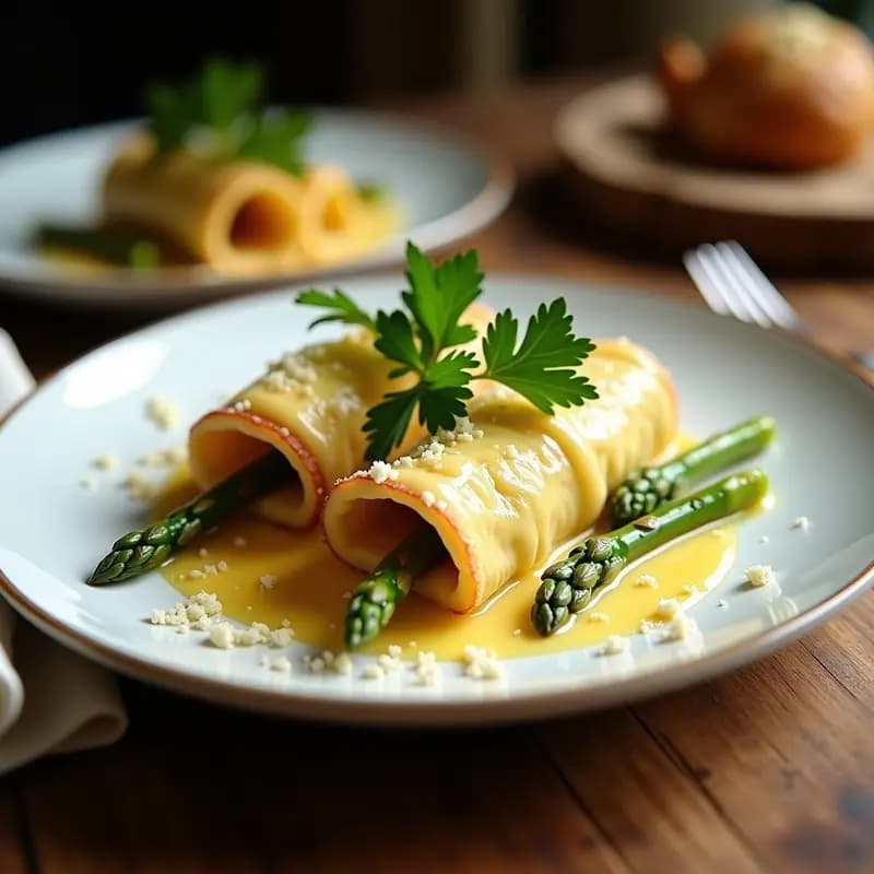 Canelones de Espárragos y Jamón Serrano con Salsa Holandesa: Receta Francesa Elegante en 40 Minutos