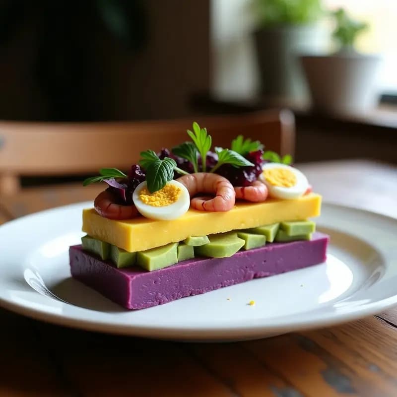 Causa Lima Rellena de Pulpo al Olivo: Plato Peruano con Patata Morada y Aji Amarillo