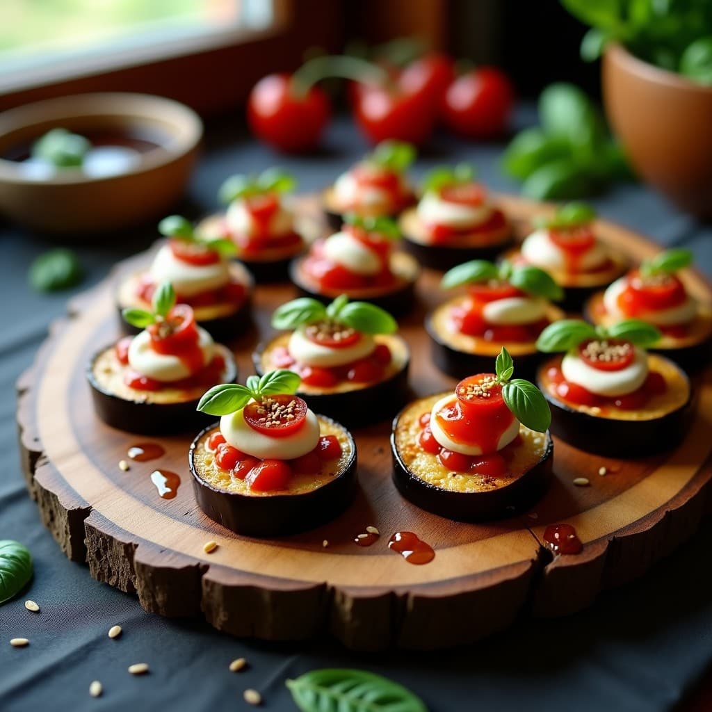 Cechetti de Berenjena y Ricotta de Almendras con Reducción de Tomate: Aperitivo Italiano Vegano