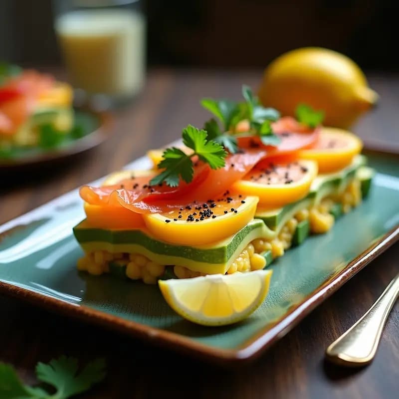 Cevi-Lasagna de Mango y Salmón Ahumado con Crema de Limón: Receta Peruana Innovadora