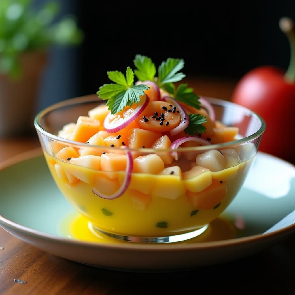 Ceviche de Camarón y Chirimoya con Leche de Tigre de Maracuyá: Receta Nikkei Exótica y Fresca