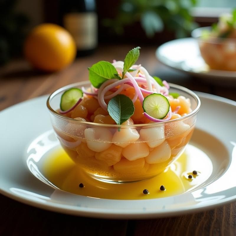 Ceviche de Champagne de Camarón y Pepino con Vinagreta de Yuzu: Receta de Autor Peruana