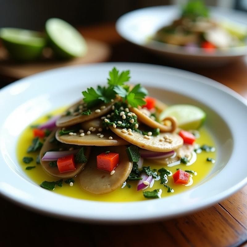 Ceiche de Champiñones Portobello y Algas: Receta Vegana Peruana con Limón y Jengibre