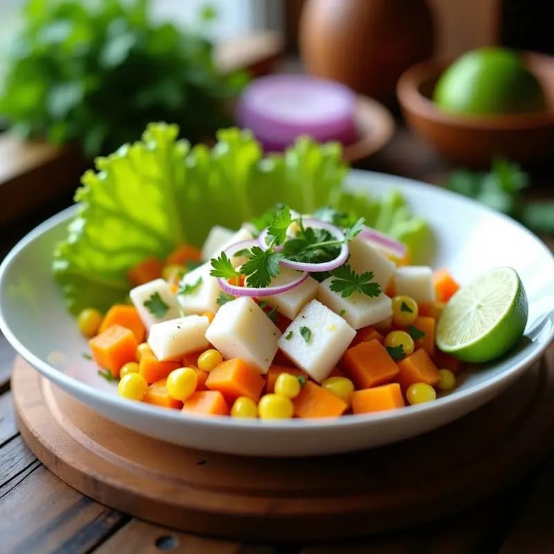 Ceviche de Corvina y Limón Verde: Receta Peruana Fresca con Camote y Choclo