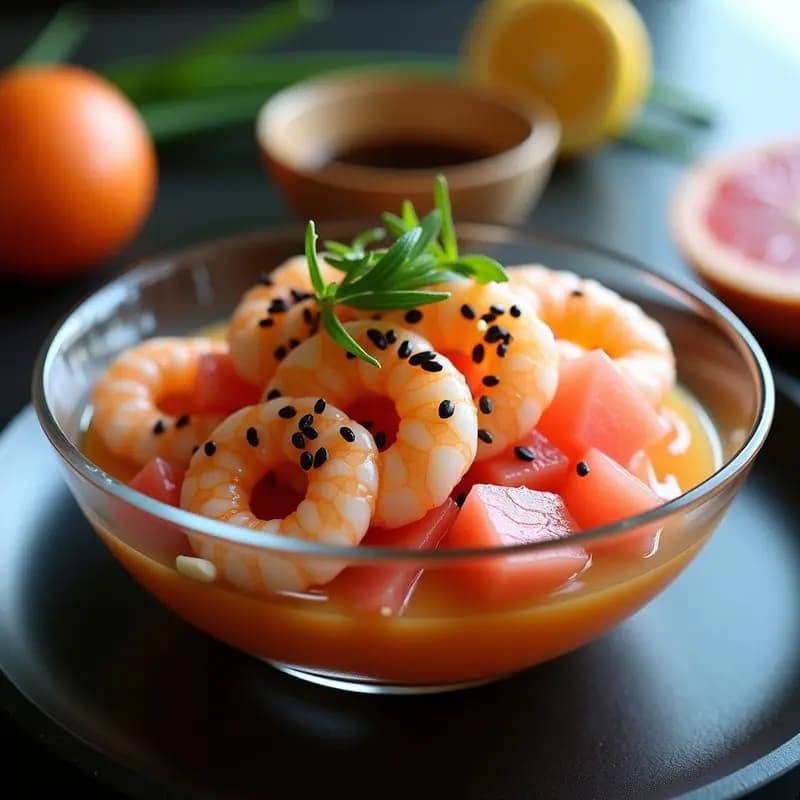 Ceviche de Gambas y Pomelo Rosa con Vinagreta de Yuzu: Entrante Japonés-Peruano Fresco y Elegante